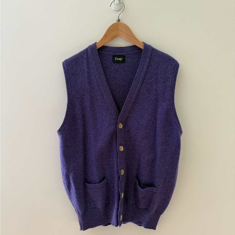 Drakes Purple Lambswool Sleeveless Cardigan
